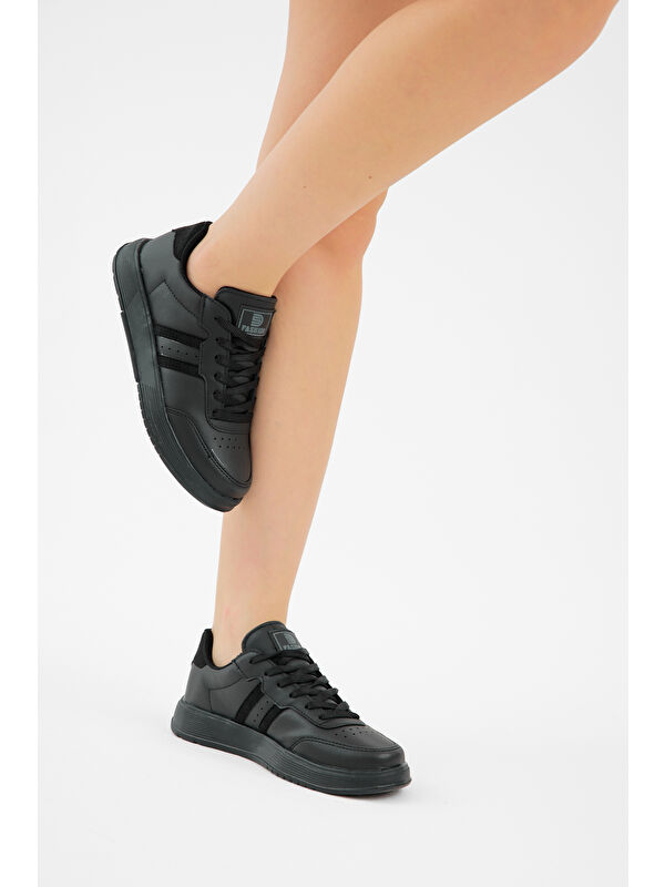 TONNY BLACK Unisex Siyah Kalın Faylon Hafif Taban Şeritli Bağcıklı Spor Ayakkabı
