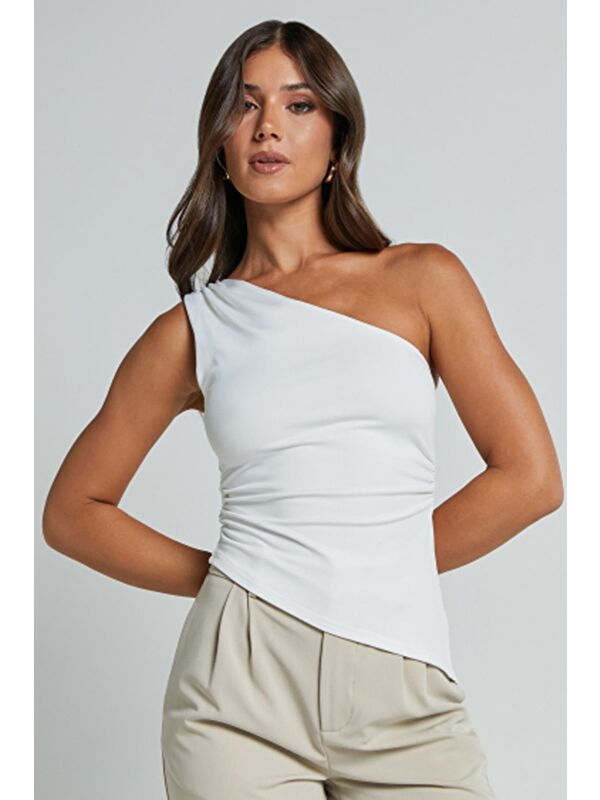 Madmext Beyaz Tek Omuzlu Basic Kadın Body Mg2498
