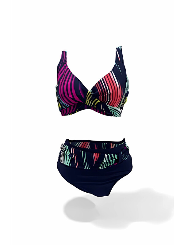 Hazelin Kadın Lacivert Çok Renkli Büyük Beden Astarlı Bikini Takım HZL25S-LC21202