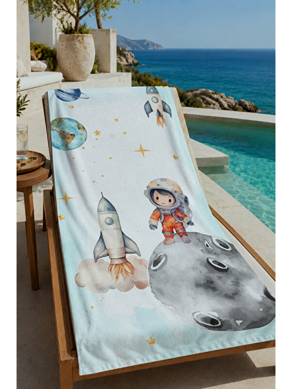 Milbay Grup Beyaz Uzay Astronot ve Roket Desenli 70x150 cm Dijital Baskılı Plaj ve Banyo Havlusu