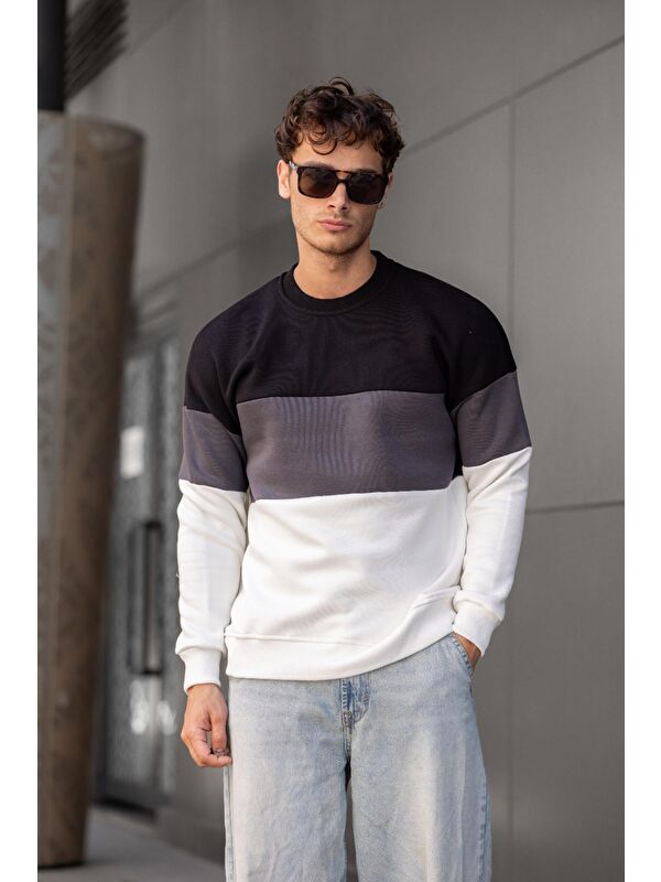 Oksit Trc 3244 Üç İplik Pamuklu Parçalı Bisiklet Yaka Erkek Sweatshirt