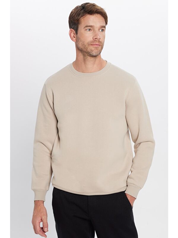 TUDORS Unisex Relax Fit Rahat Kesim Pamuklu Yumuşak Dokulu Polarlı Basic Taş Renk Bisiklet Yaka Sweatshirt