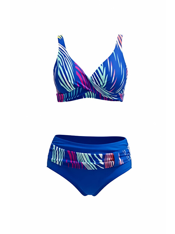 Hazelin Kadın Mavi Çok Renkli Büyük Beden Astarlı Bikini Takım HZL25S-LC21202