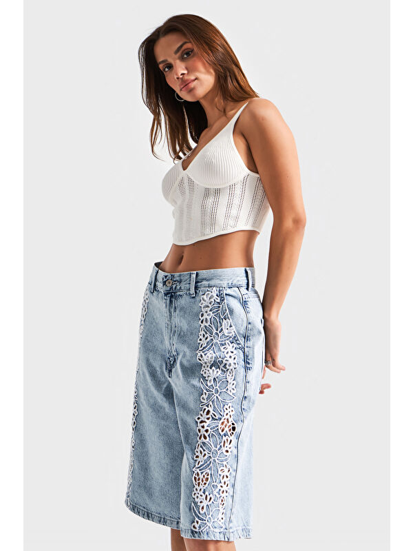 It's Basic Kadın Snow Jean Rengi 3s5 3 Dantel Nakışlı Maxi Boy Uzun Tasarım Denim Şortolon