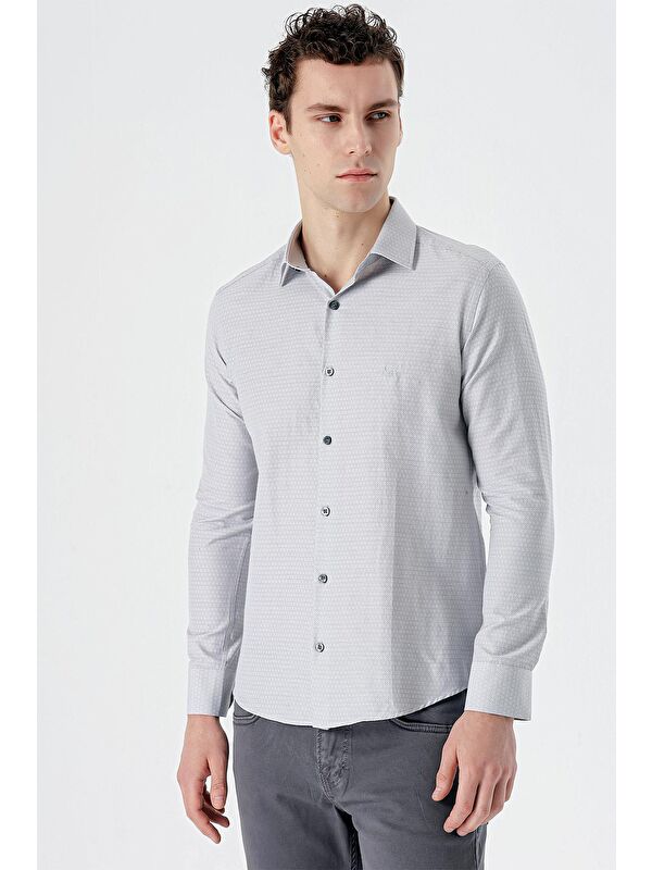 İMZA Gri Uzun Kollu Desenli Armürlü Sert Yaka Cepsiz Pamuklu Slim Fit Dar Kesim Gömlek 1004235168