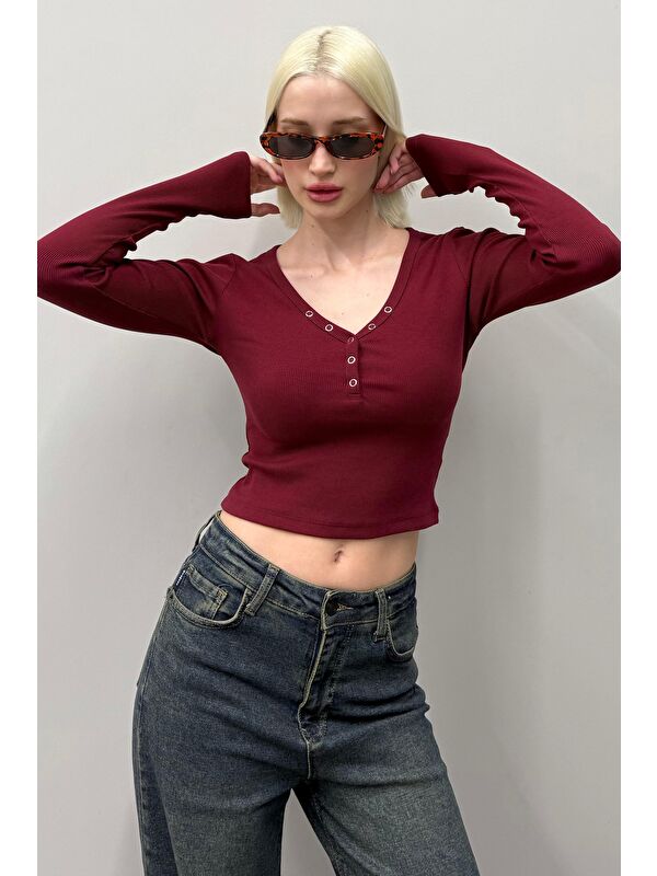Madmext Bordo V Yaka Uzun Kollu Düğme Detaylı Kaşkorse Bodysuit Mg2194
