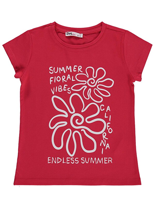 Civil Girls Summer Fıoral Vibes Baskılı 6-9 Yaş Tişört - Kırmızı