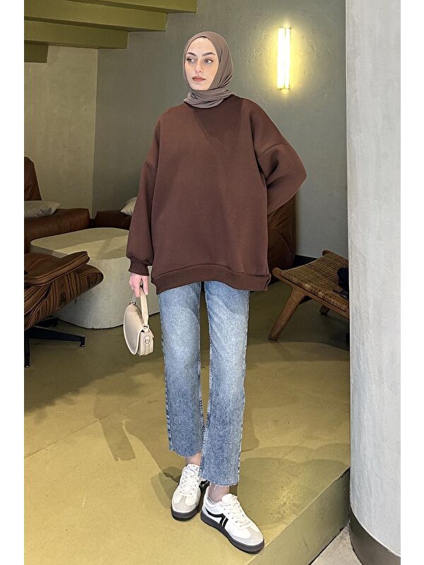 Lamelif Jasmin Bisiklet Yaka Oversize Sweat Acı Kahverengi