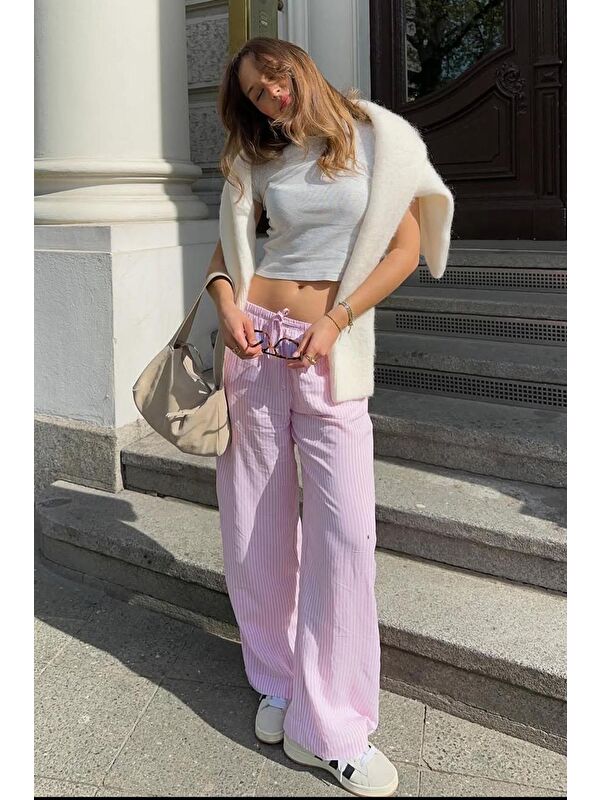 Madmext Pembe Beli Ayarlanabilir Bol Paça Dökümlü Çizgili Pantolon Mg2087