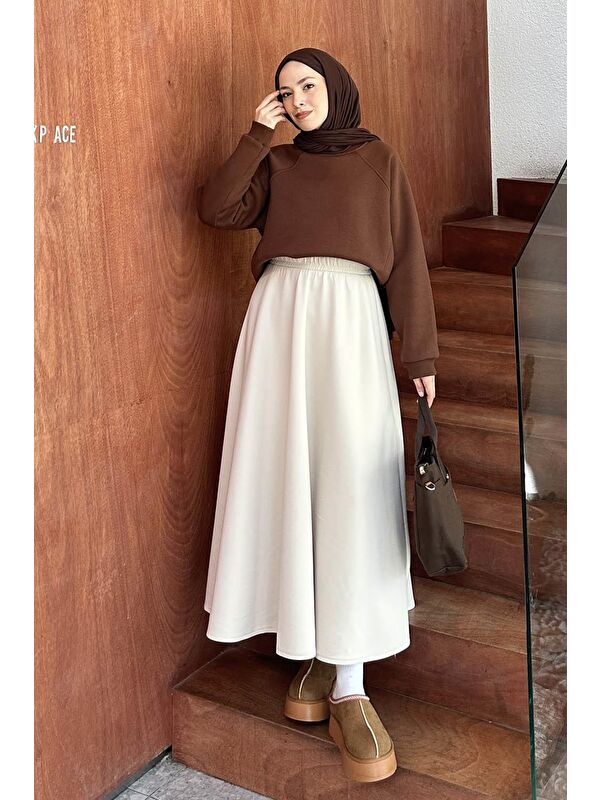 Lamelif Düşük Omuz Üç İplik Sweatshirt Acı Kahverengi