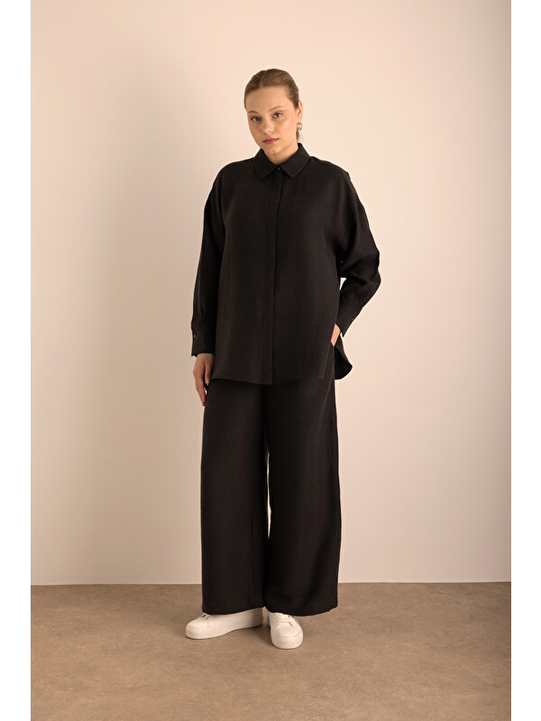AKER Siyah Beli Lastikli Keten Pantolon