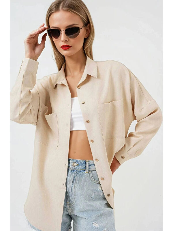 Hazelin Kadın Bej Oversize Çift Cepli Keten Gömlek HZL22S-BD1201261
