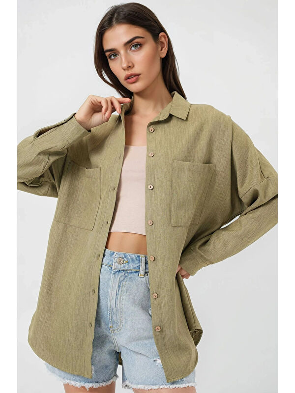 Hazelin Kadın Çağla Yeşil Oversize Çift Cepli Keten Gömlek HZL22S-BD1201261
