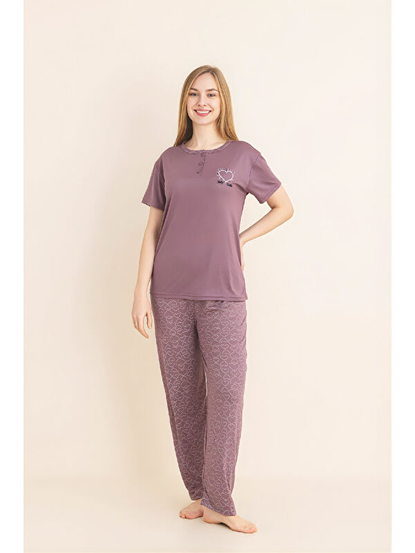 Enisena Kadın Pijama Takımı-Menekşe Kumaş-3 Düğmeli-Yaka Baskılı-12606SF