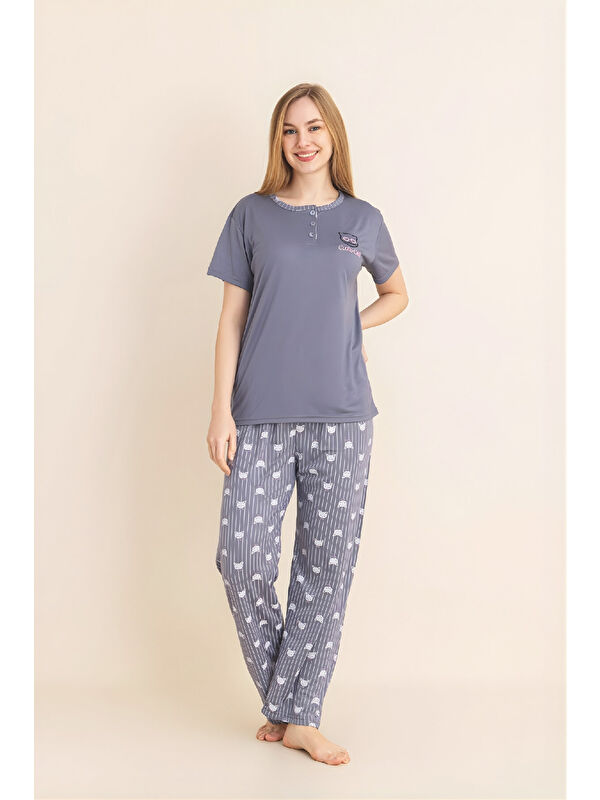 Enisena Kadın Pijama Takımı-Menekşe Kumaş-3 Düğmeli-Yaka Baskılı-12606SF