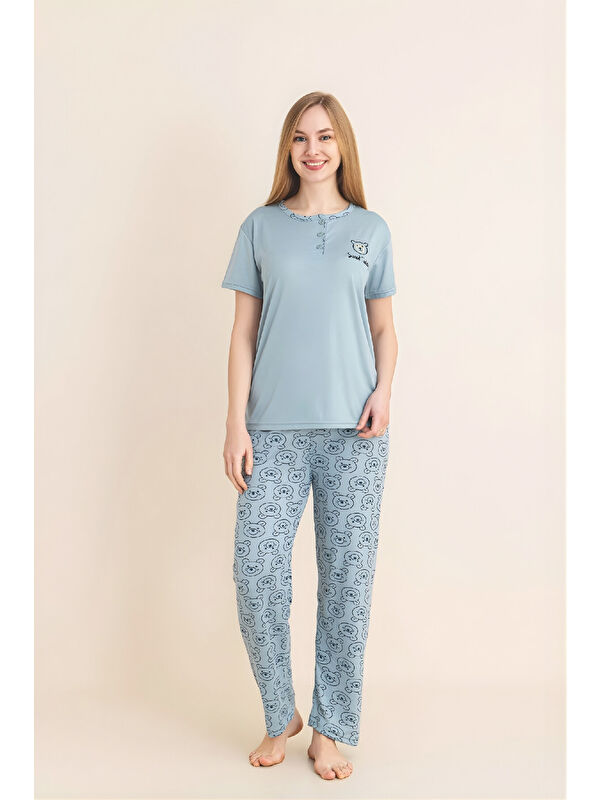 Enisena Kadın Pijama Takımı-Menekşe Kumaş-3 Düğmeli-Yaka Baskılı-12606SF