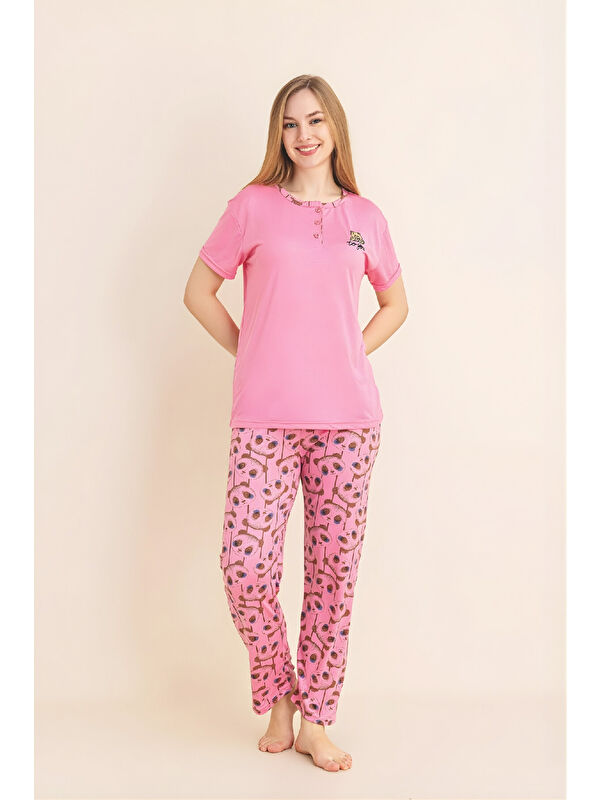 Enisena Kadın Pijama Takımı-Menekşe Kumaş-3 Düğmeli-Yaka Baskılı-12606SF