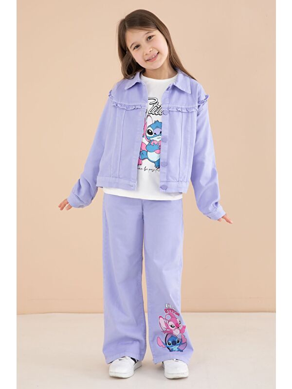 Cansın Mini Lila Sevimli Karakter Baskılı Ceketli ve Pantolonlu 3lü Kız Çocuk Takım 23586