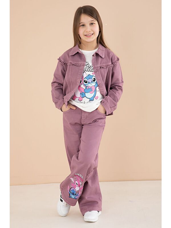 Cansın Mini Gül Kurusu Sevimli Karakter Baskılı Ceketli ve Pantolonlu 3lü Kız Çocuk Takım 23587