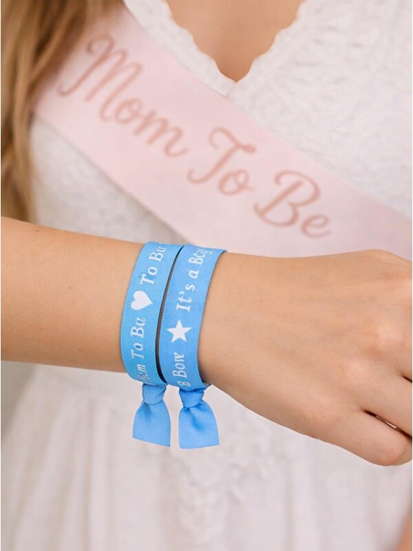 Parti Adresi Baby Shower Bileklik Seti – Mom To Be & It's a Boy Yazılı Bileklik Mavi 5'li