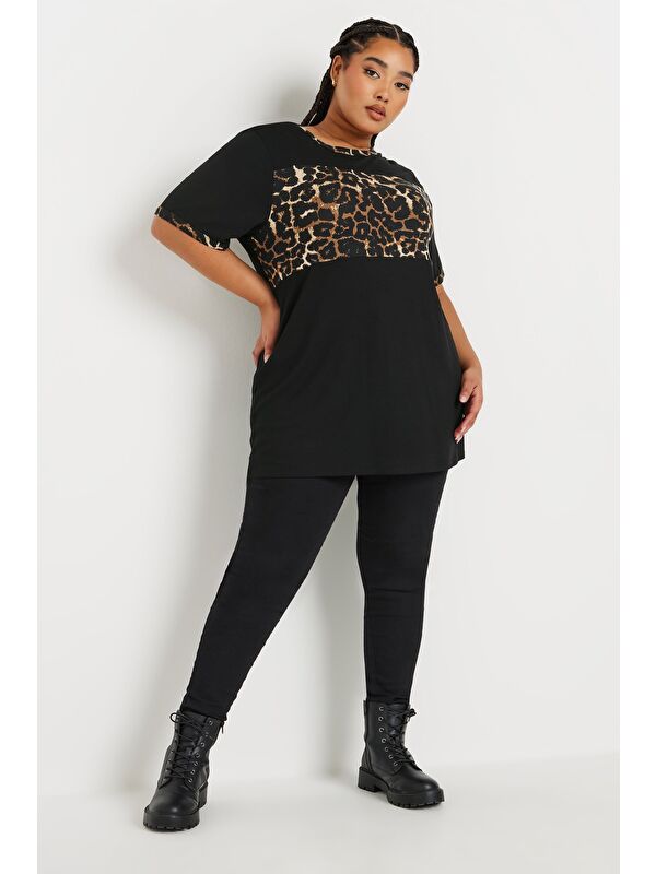 Stil Diva Büyük Beden Kısa Kollu Bisiklet Yaka Leopar Desenli T-shirt 303729