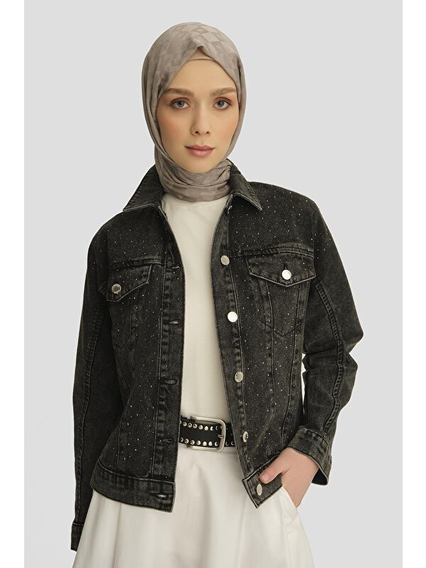 ARMİNE Taş İşlemeli Denim Ceket 25Yd9117 Antrasit