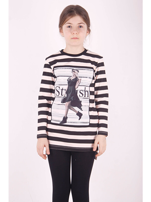 Toontoykids Kız Çocuk Çizgili Kız Baskılı Tişört