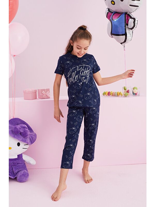 Siyah İnci Hello Kitty Lisanslı %100 Pamuk Lacivert Çok Renkli Bisklet Yaka Pijama Takım