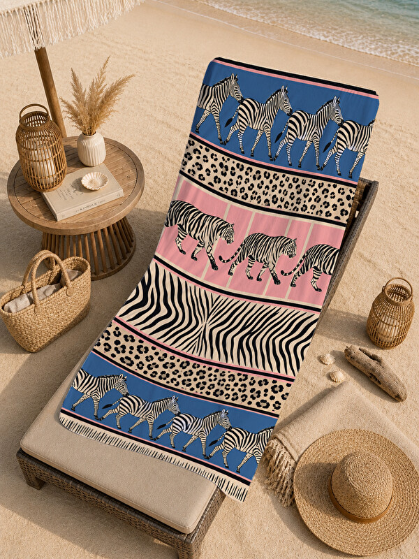 Milbay Grup Safari Patchwork Zebra ve Hayvan Desenli 70x150 Plaj Havlusu - Dijital Baskılı Solmaz Banyo Havlusu