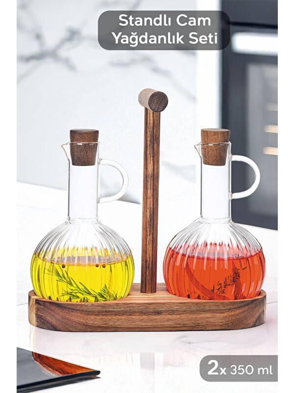 Meleni Home 2'li Ahşap Standlı Borosilikat Cam Yağdanlık Seti Yağlık Sirkelik Zeytinyağ Sıvıyağ Şişesi 2x350 ml