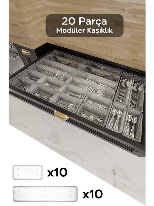 Meleni Home 20'li Modüler Kaşıklık Çekmece İçi Düzenleyici Çatal Kaşık Bıçak Düzenleme Organizeri Şeffaf