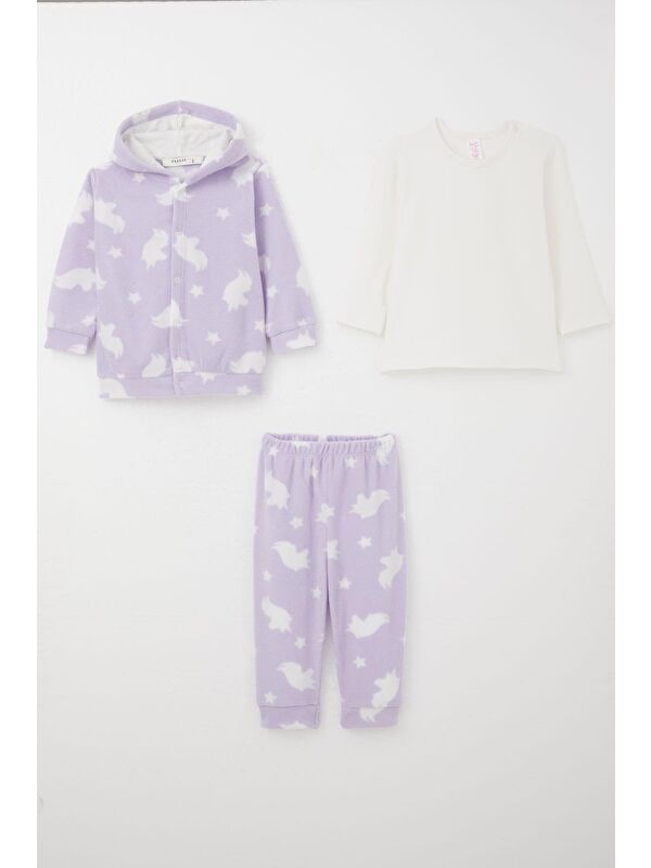 Breeze Kız Bebek Bodyli 3 Lü Polar Takım Yıldız Desenli Lila (4 Ay-1 Yaş)