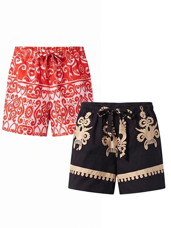 Trendseninle 2Li Dokuma Viskon Kısa Şort Siyah+Kırmızı Embroidery