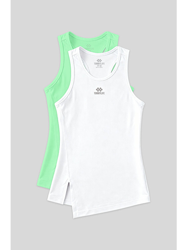 Tommylife Standart Kalıp O Yaka 2li Paket Beyaz-Neon Yeşil Kadın Spor Atlet - 97256