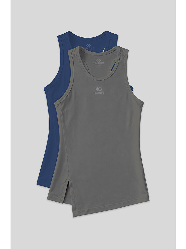 Tommylife Standart Kalıp O Yaka 2li Paket İndigo-Koyu Gri Kadın Spor Atlet - 97256