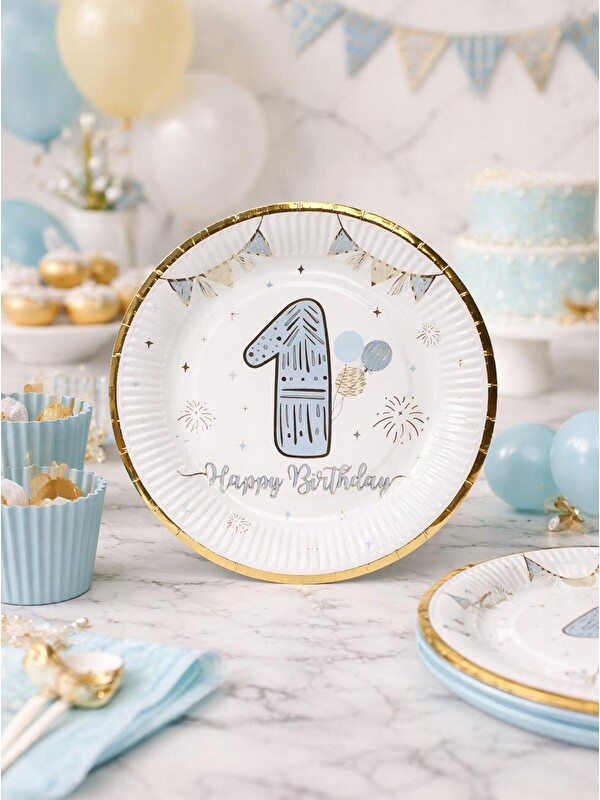 Parti Adresi 1 Yaş Mavi Gold Doğum Günü Parti Tabağı – 6'lı