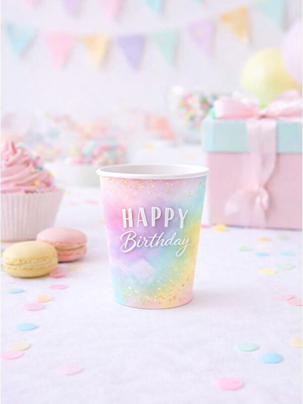 Parti Adresi Happy Birthday Temalı Bardak Makaron Doğum Günü Karton Bardağı 8'li