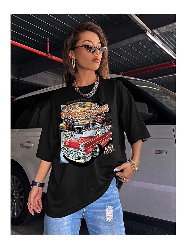 Trendseninle Kadın Siyah Compeltition Baskılı Oversize Tişört