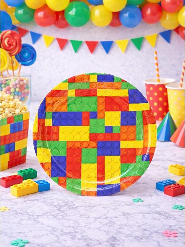 Parti Adresi Renkli Lego Temalı Tabak Karton Doğum Günü Tabağı 8'li