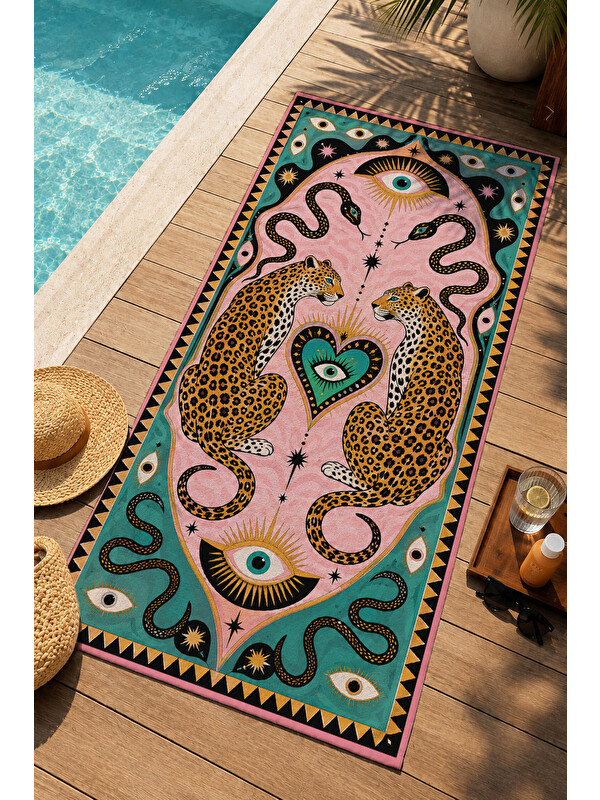Milbay Grup Maximalist Leopar Kalp ve Dalgalı Çizgi Desenli 70x150 Plaj Havlusu - Pamuklu Banyo Havlusu