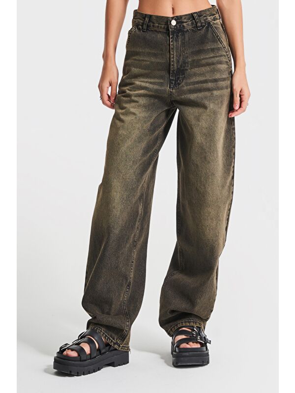It's Basic Kadın Haki Jean Rengi Juniper 4S5-86 Skater Fit Bol Kesim %100 Pamuk Orta Bel Denim Jean