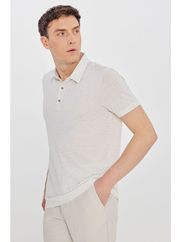 Altınyıldız Classics Erkek Bej Keten Standart Fit Normal Kesim Polo Yaka Çizgili Tişört