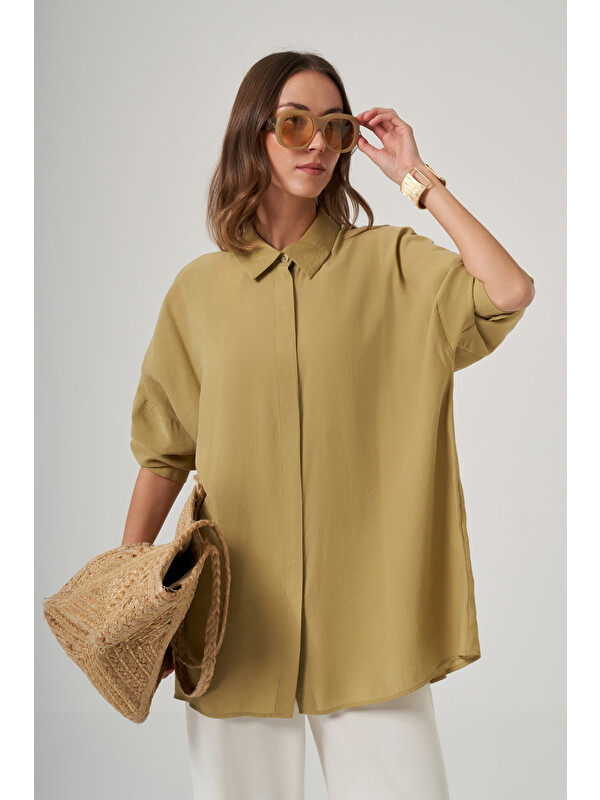 Nuss Oversize Basic Yazlık Gömlek 3001 Oliv