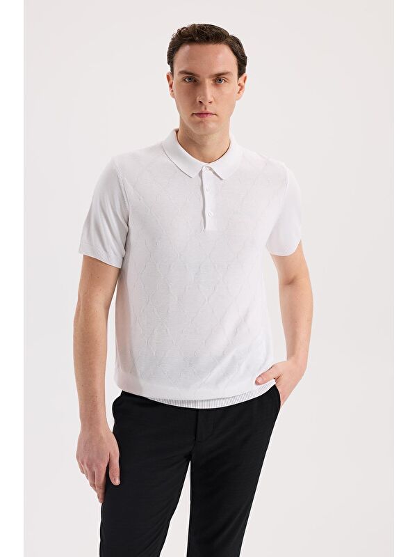 JAKAMEN Beyaz Slim Fit Desenli Triko Polo Yaka T-Shirt