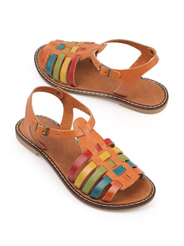 Yuvarlak Burunlu Gladyatör Bantlı Kadın Deri Sandalet - Görsel 2