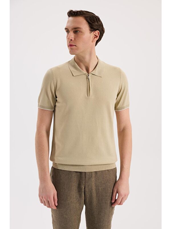 JAKAMEN Bej Slim Fit Triko Fermualı Polo Yaka T-Shirt