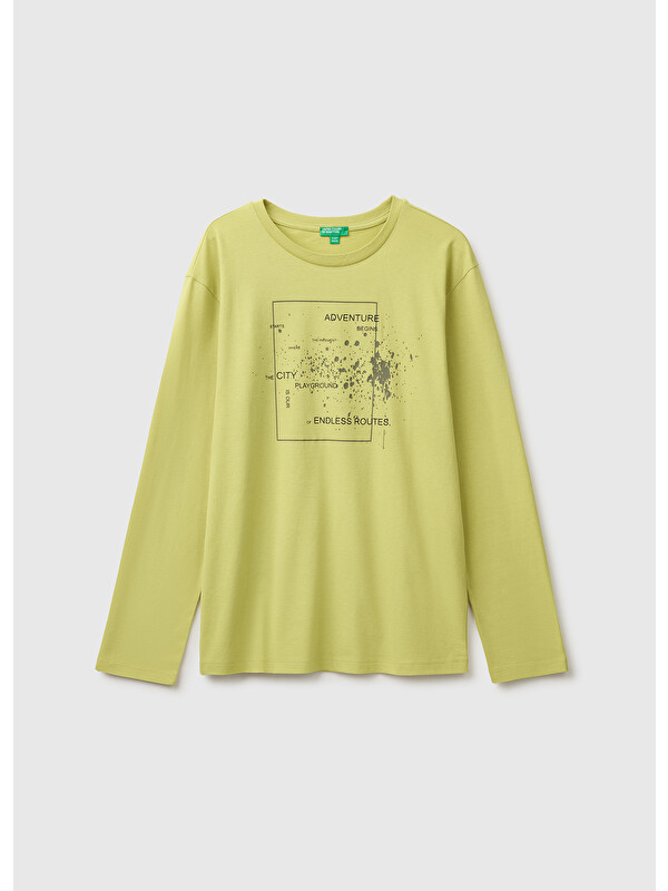 United Colors Of Benetton Erkek Çocuk Fıstık Yeşili Önü Baskılı Uzun Kollu Tişört