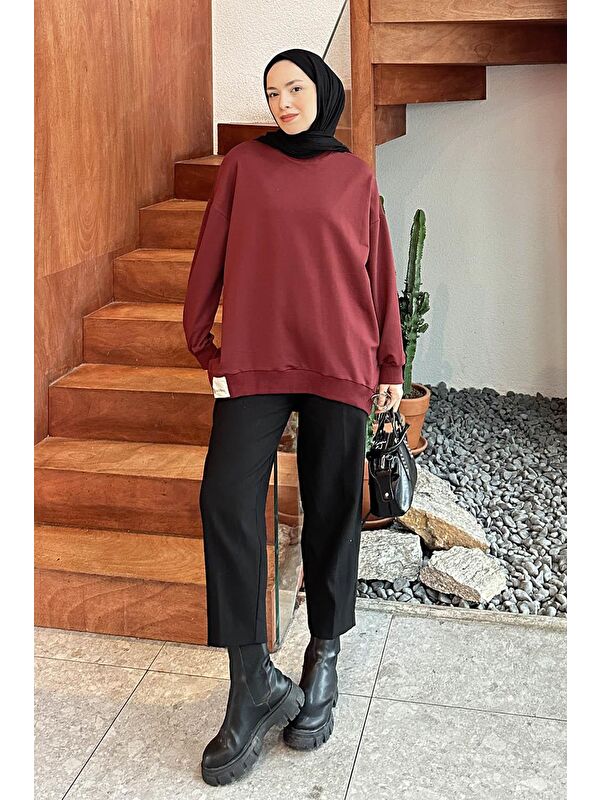 Lamelif Etiket Detaylı Oversize Sweatshirt Bordo
