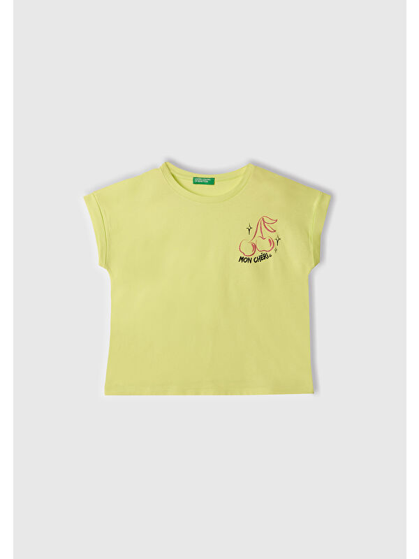 United Colors Of Benetton Kız Çocuk Sarı Parlak Baskılı Düşük Omuz T-Shirt