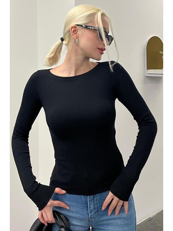 Madmext Siyah Kayık Yaka Uzun Kollu Kadın Top Body Mg2267